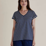 Ayla V-Neck Tee - Navy Blue Stripe